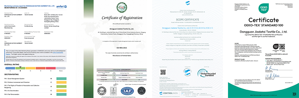 ISO 9001, SCOPE, OEKO-TEX 100, and BSCI certifications for sportswear manufacturing